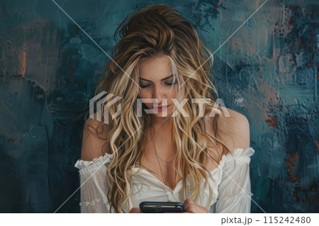 A young girl uses a smartphone on the street, modern gadgets 115242480