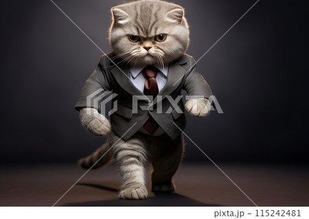 Cute kind funny cat in a suit stands on his hind legs isolated on a dark background Cute kind funny cat in a suit stands on his hind legs isolated on a dark background 115242481