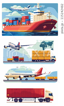 Freight transport, cargo transportation of goods by sea, rail, land and air, transportation and logistics illustration Freight transport, cargo transportation of goods by sea, rail, land and air, transportation and logistics illustration 115242482