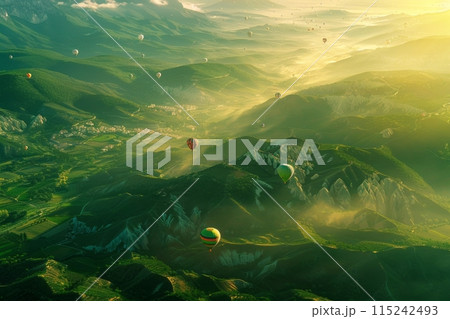 Top view of green landscape and mountain valleys and colorful hot air balloons flying in the sky Top view of green landscape and mountain valleys and colorful hot air balloons flying in the sky 115242493