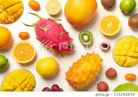 Set of tropical fruits on white background, top view 115242639