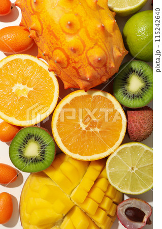 Set of tropical fruits on white background, close up 115242640