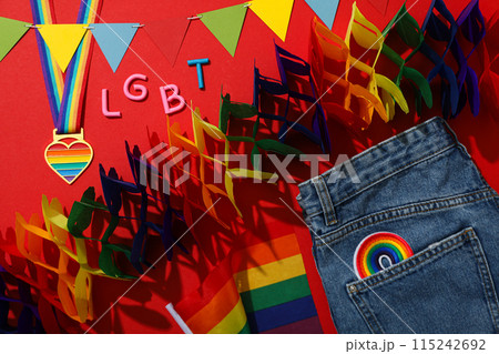LGBT parade concept, colorful symbols on red background. 115242692