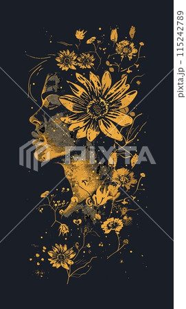 Grunge illustration of woman face with flowers on dark background. 115242789