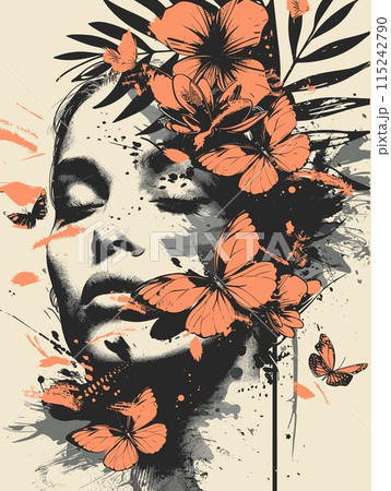 Portrait of a beautiful woman with flowers in her hair. Vector illustration. Portrait of a beautiful woman with flowers in her hair. Vector illustration. 115242790