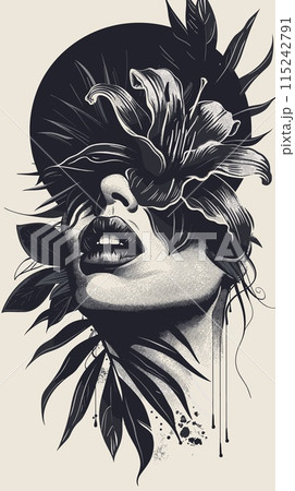 Vector hand drawn illustration of a woman with a flower in her hair. 115242791