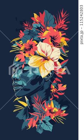 Beautiful girl with tropical flowers in her hair. Vector illustration. Beautiful girl with tropical flowers in her hair. Vector illustration. 115242803