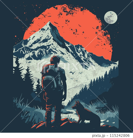 Hiker with backpack and wolf in the mountains. Vector illustration. Hiker with backpack and wolf in the mountains. Vector illustration. 115242806