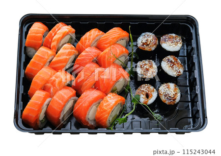 Sushi set in black box isolated on white background. Takeaway. Japanese sushi, philadelphia rolls. 115243044