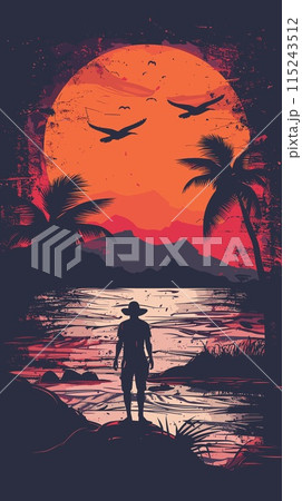 Silhouette of a man on the beach at sunset. Vector illustration 115243512