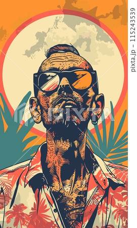 Portrait of a hipster man in sunglasses. Vector illustration. Portrait of a hipster man in sunglasses. Vector illustration. 115243539