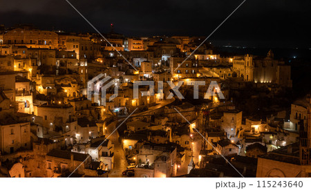 Scenic skyline of Sassi di Matera at night, Southern Italy 115243640
