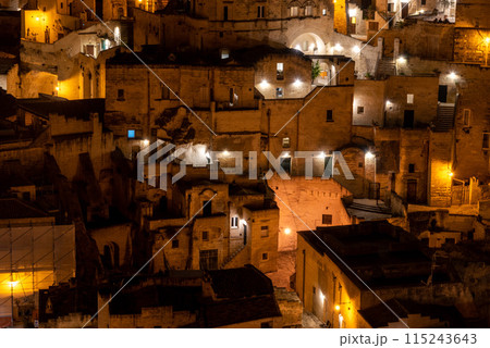Scenic skyline of Sassi di Matera at night, Southern Italy Scenic skyline of Sassi di Matera at night, Southern Italy 115243643