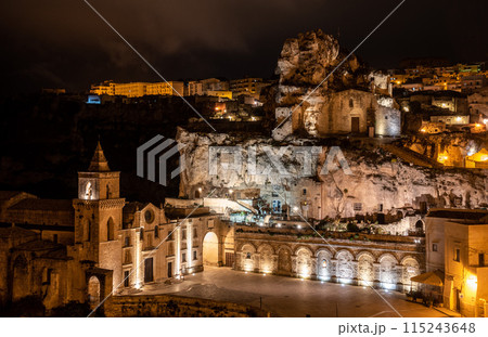 Famous church of Saint Peter Caveoso in Matera at night, Italy 115243648