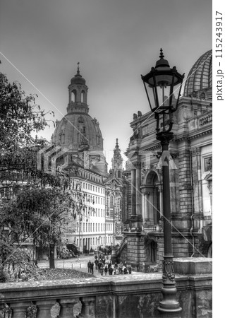 The center of Dresden with the cupola of the iconic Frauenkirche The center of Dresden with the cupola of the iconic Frauenkirche 115243917