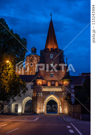 Iconic medieaval Kreuztor gate in Ingolstadt at night 115243994