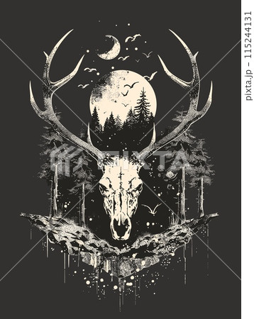 Deer skull and moon in the forest. Vector hand drawn illustration Deer skull and moon in the forest. Vector hand drawn illustration 115244131