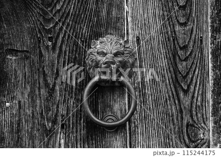 Old-fashioned door knocker in shape of a lion head somewhere on a door in downtown Matera 115244175