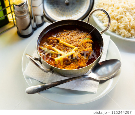Lamb Karahi in large vessel. Indian cuisine Lamb Karahi in large vessel. Indian cuisine 115244297