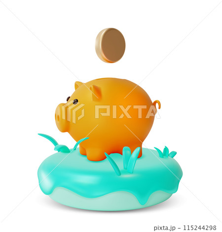 3d Piggy Bank and Gold Coin Concept Cartoon Design Style Isolated on a White Background. Vector illustration of Safe Finance Investment 115244298