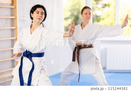 Woman in kimono standing in fight stance during group karate training Woman in kimono standing in fight stance during group karate training 115244381