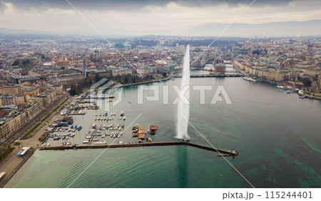Aerial view of the fountain on the Lake Leman. Geneva.  115244401