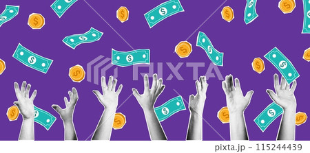 Halftone hands reaching for money. Mixed media catch falling coins and cash bills collage, financial success, free wealth and easy money concept vector illustration. Halftone hands reaching for money. Mixed media catch falling coins and cash bills collage, financial success, free wealth and easy money concept vector illustration. 115244439