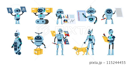 Robots at work. Bots for translation, package or mail delivery, programming tasks, healthcare assistance, data analytics and research, generative art and pet companion vector illustration set. Robots at work. Bots for translation, package or mail delivery, programming tasks, healthcare assistance, data analytics and research, generative art and pet companion vector illustration set. 115244455