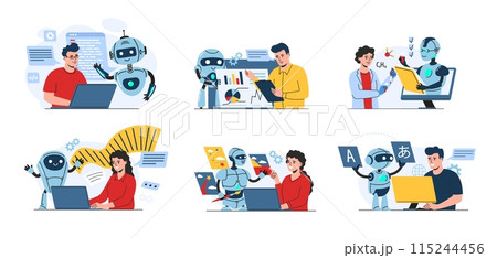 Ai work assistant. Bots helps people with programming, data analytics, scientific research, creative writing, generative art and language learning vector illustration set. 115244456