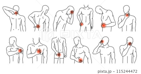 Human body pain spots. Man figures with highlighted areas of pain or discomfort, line art vector illustration set. 115244472