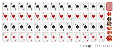 Pixel art poker. Pixelated 8 bit playing cards deck icons with clubs, diamonds, hearts and spades suits symbols and poker chips in retro video game style vector set. Pixel art poker. Pixelated 8 bit playing cards deck icons with clubs, diamonds, hearts and spades suits symbols and poker chips in retro video game style vector set. 115244481