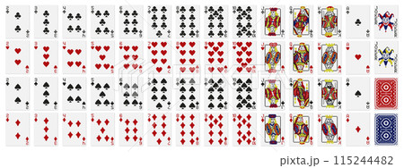 Pixel art playing cards. Standard 52 playing cards deck with pixelated clubs, diamonds, hearts and spades. Illustrated face cards Jack, Queen, King and Joker vector set. Pixel art playing cards. Standard 52 playing cards deck with pixelated clubs, diamonds, hearts and spades. Illustrated face cards Jack, Queen, King and Joker vector set. 115244482