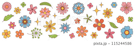 Set Trendy groovy wildflower 70s Vintage style 115244586