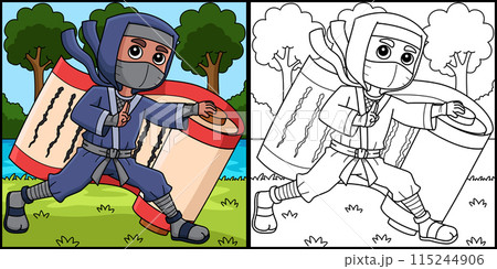 Ninja Holding a Big Scroll Coloring Illustration 115244906