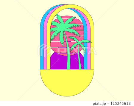Arch overlooking palm trees and sun in retro style. A surreal composition of tropical palm trees and the sun in the style of the 80s with a black outline. Design for banners. Vector illustration 115245618