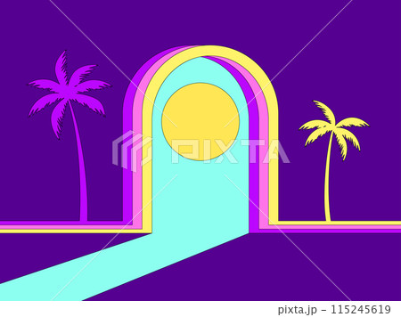 Isometric arch with palm trees on the sides and a view of the sun in a minimalist style. Surreal composition, light from the arch. Design for banners, posters and prints. Vector illustration 115245619