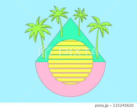 Sun palms and trugonics in 3D. Surreal composition with retro suns in the style of the 80s and palm trees with a black outline, a triangle in section. Design for banner and poster. Vector illustration 115245620