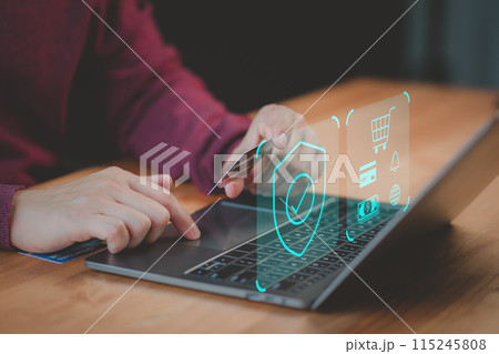 Customer purchase product online and pay for product via credit card with sign of security protection system on virtual screen. Standard, warranty, Cyber security. Shopping on online application. 115245808