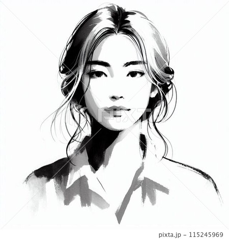 正面を向いた女性の水墨画調イラストのイラスト素材 [115245969] - PIXTA