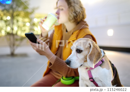 Hipster woman drinks coffee while walking with old Beagle dog along city street. Girl, dog owner, searches for pet products on the Internet using smartphone applications. Vet emergency care for pets Hipster woman drinks coffee while walking with old Beagle dog along city street. Girl, dog owner, searches for pet products on the Internet using smartphone applications. Vet emergency care for pets 115246022