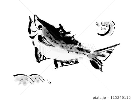 魚の鯵（アジ）の手書き和風筆イラスト素材 115246116