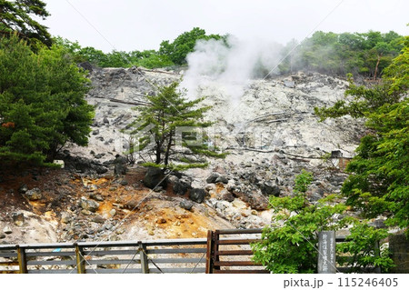 【那須塩原市　日光国立公園　奥塩原新湯温泉「爆裂噴火跡」湯畑】 115246405
