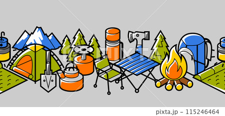 Travel camping pattern. Tourist equipment for survival in outdoor. Travel camping pattern. Tourist equipment for survival in outdoor. 115246464