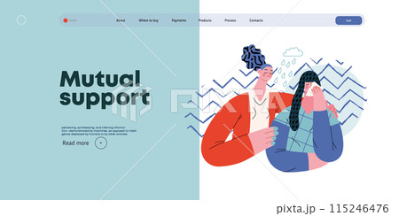 Mutual Support: Emotional aid and support -modern flat vector concept illustration of a woman comforting her friend in her sorrow A metaphor of voluntary, collaborative exchanges of resource, services 115246476
