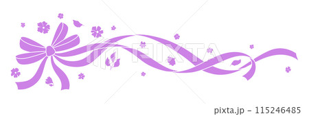 Ribbon with bow and flowers. Beautiful decorative natural plants and leaves. 115246485