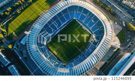 Aerial top view of soccer stadium in city, exterior of modern football arena from above in summer. Concept of world cup, sport, championship 115246895