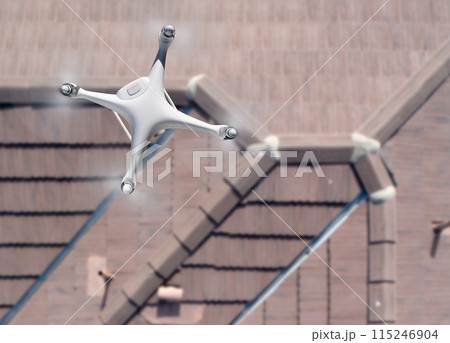 Quadcopter UAV Drone Flying A Residential Roof Inspection. 115246904
