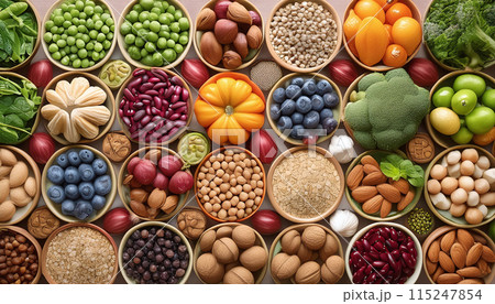 Colorful bowls overflow with fruits, vegetables, nuts, seeds, and grains 115247854