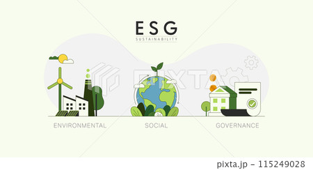 ESG as environmental, social and governance concept.Sustainable of Green ecology and alternative renewable energy. Flat Vector illustration. ESG as environmental, social and governance concept.Sustainable of Green ecology and alternative renewable energy. Flat Vector illustration. 115249028