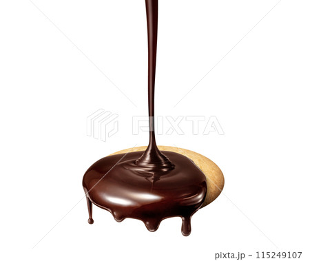 ビスケットの上に滴り落ちる液状のチョコレート ビスケットの上に滴り落ちる液状のチョコレート 115249107